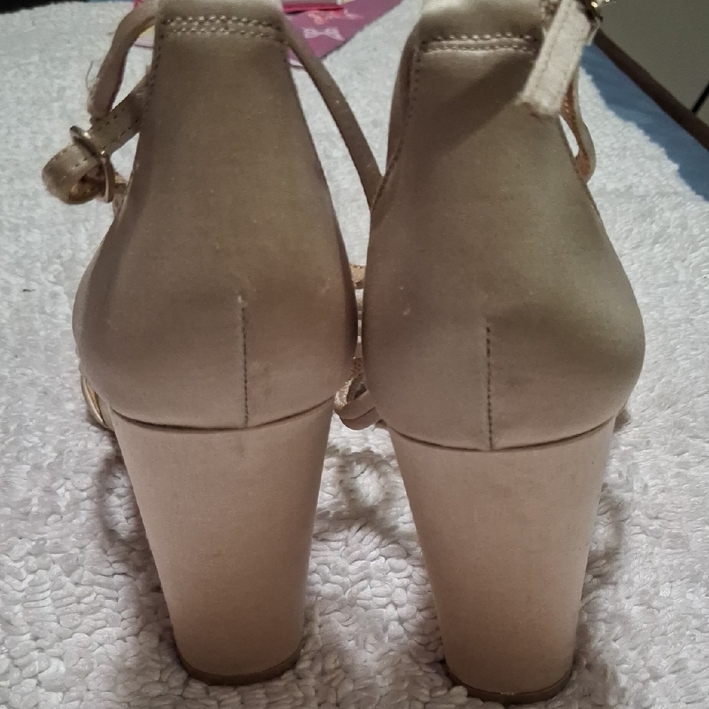 Badgley Mischka Champagne Satin Crystal T-Strap Heels - Picture 6 of 10